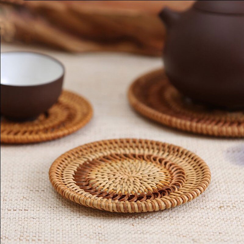 Mimbre de paja Natural para mesa aislamiento térmico taza de café o té antideslizante duradera, plato de cazuela, manteles individuales de mesa, posavasos para taza