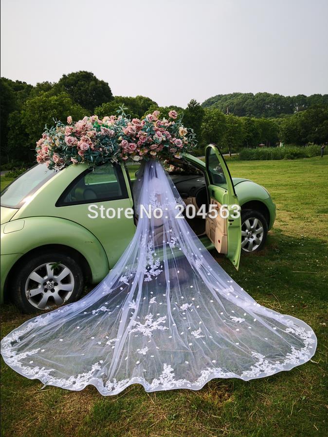 Prachtige Twee-Layer Luxe Kant Bruiloft Sluier Met Bloemen 3 Meter Lange 3 Meter Breed Bridal Veils Met Kam mm