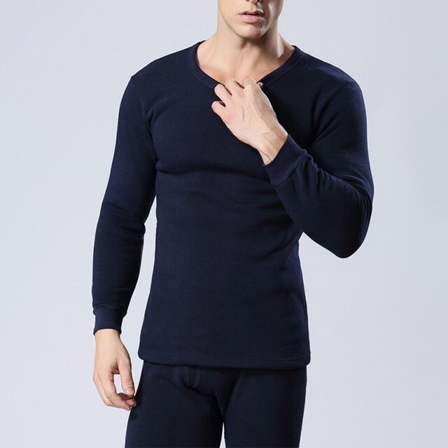 2Pcs/Set Oversize Men Winter Solid Long Johns For Male Warm Thermal Bottoming Underwear Set Multicolor 3XL: Navy / L