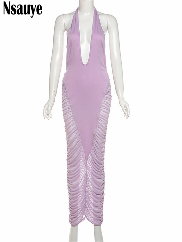 Nsauye Vrouwen Sexy Elegante Avond Feest Nachtclub Maxi Jurk Lange Mesh Ruches Zomer Laag Uitgesneden Mouwloze Jurk 2025