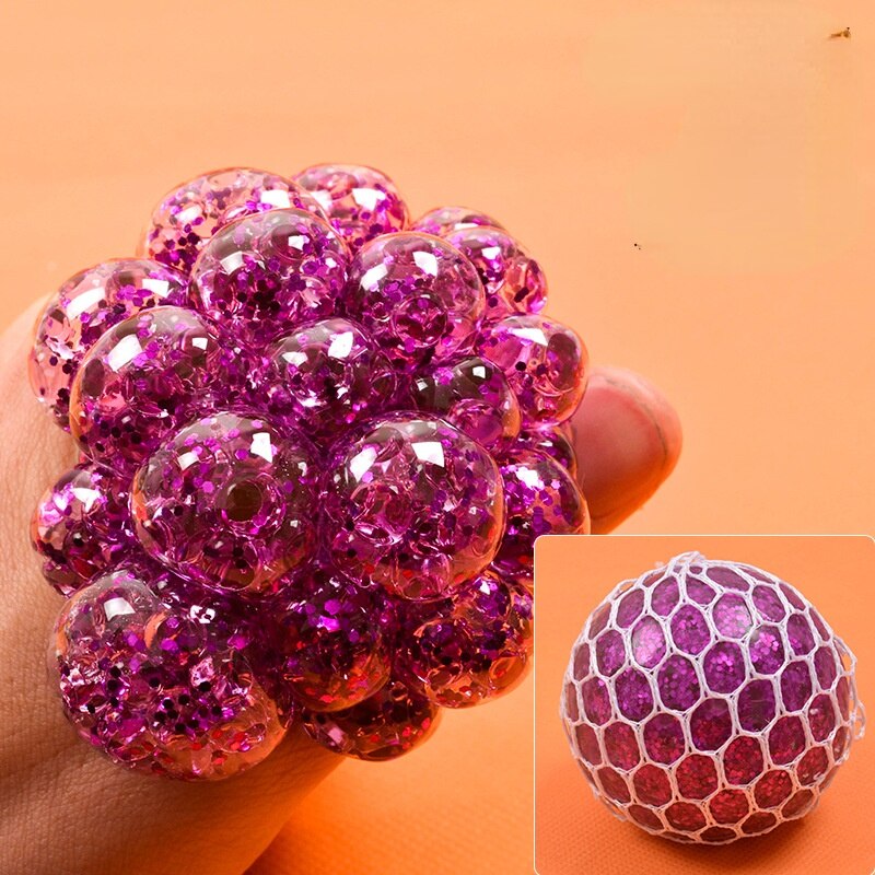 Stressavlastning presse drueballer avlaste trykkballer håndfidget leketøy regnbue nyskapende klemme ball mesh squishy baller: Lilla