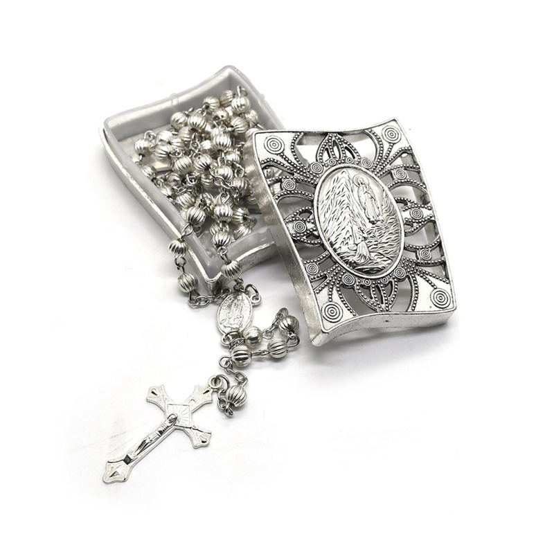 H7EA Rosary Bead Box Necklace Metal Christian Catholic Religious Jewelry Case Vintage Rectangle Box Jewelry Box Antique Engraved