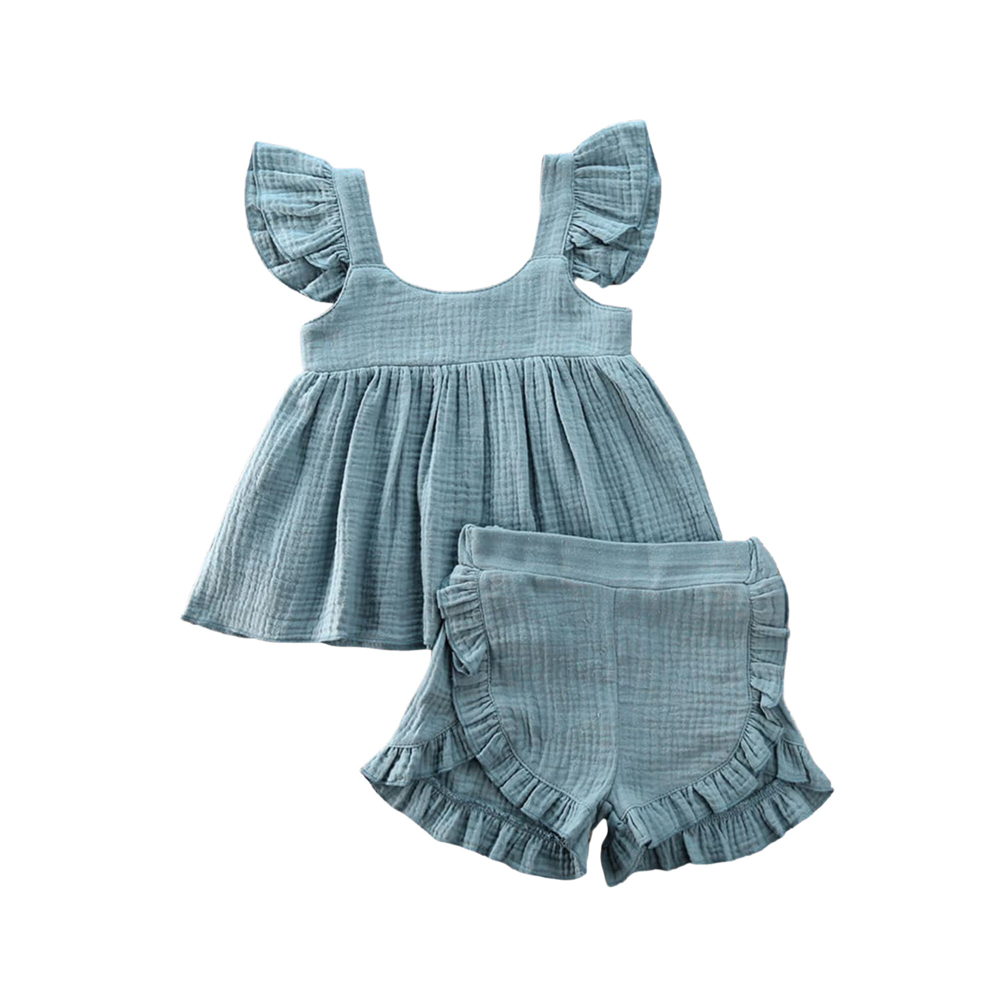 Vêtements d'été pour bébés, ensemble de 2 pièces pour bébés filles, en coton et en lin, chemise hauts haut et short en PP, tenue de soleil solide, tendance: Bleu / 12M
