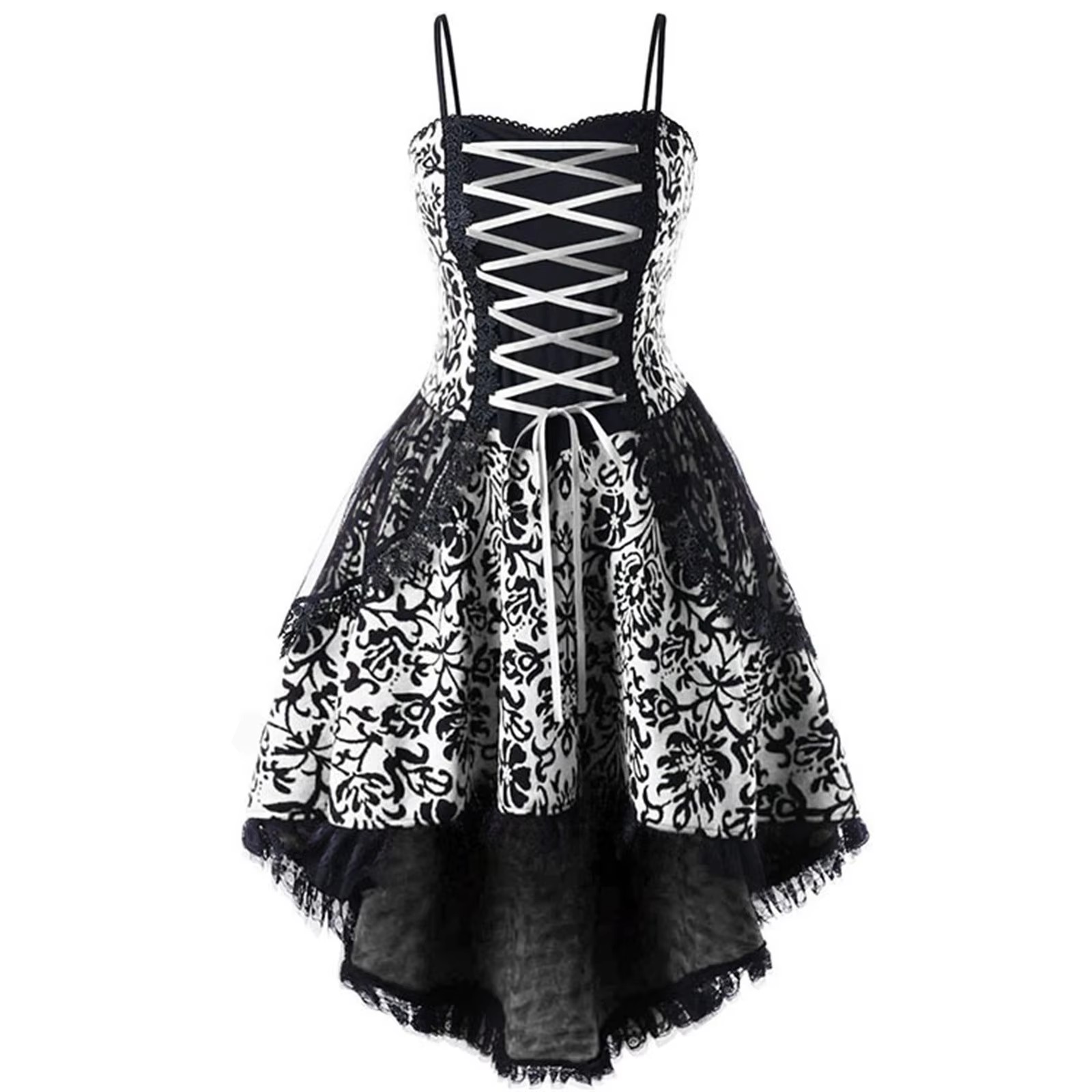 Spitze Gothic Vintage Kleid Frauen Halloween Cosplay Kostüm unregelmäßige Ärmel Kleider Robe mittelalter lichen Geist Vampir Kleidung Femme: L / schwarz