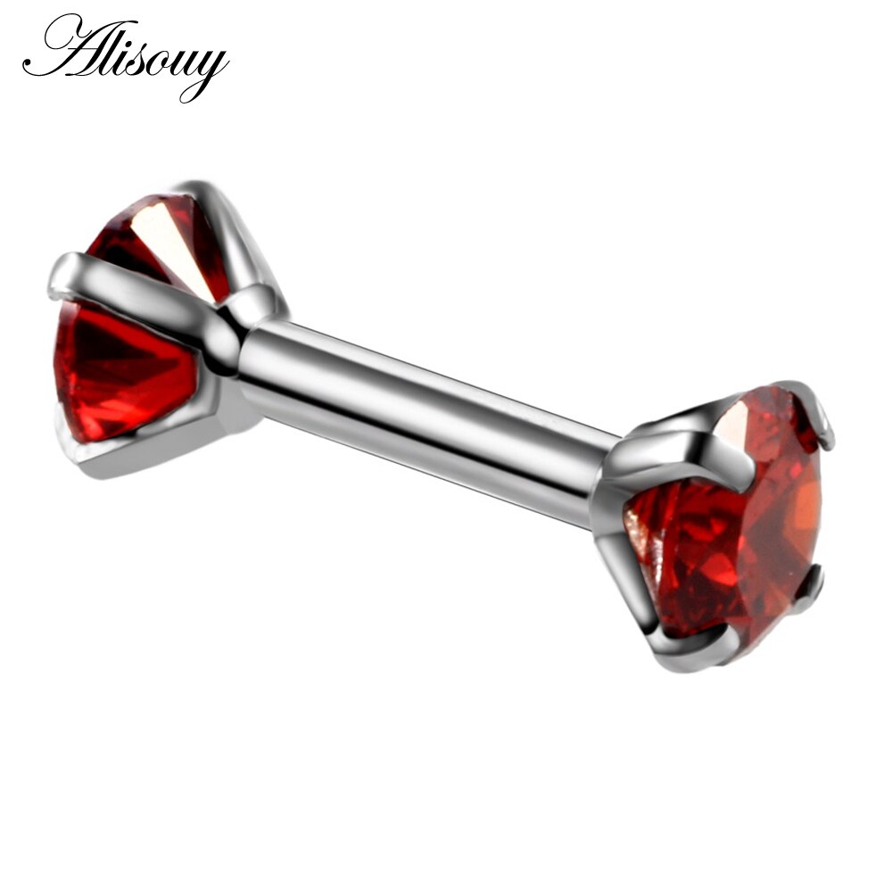 Dubbele Ronde Oorbel voor Vrouwen Chirurgisch Staal Bar Oorbellen Kraakbeen Piercing Oor Gem Zirkoon Rhinestone Ear Stud Bars Sieraden: Silver Red CZ