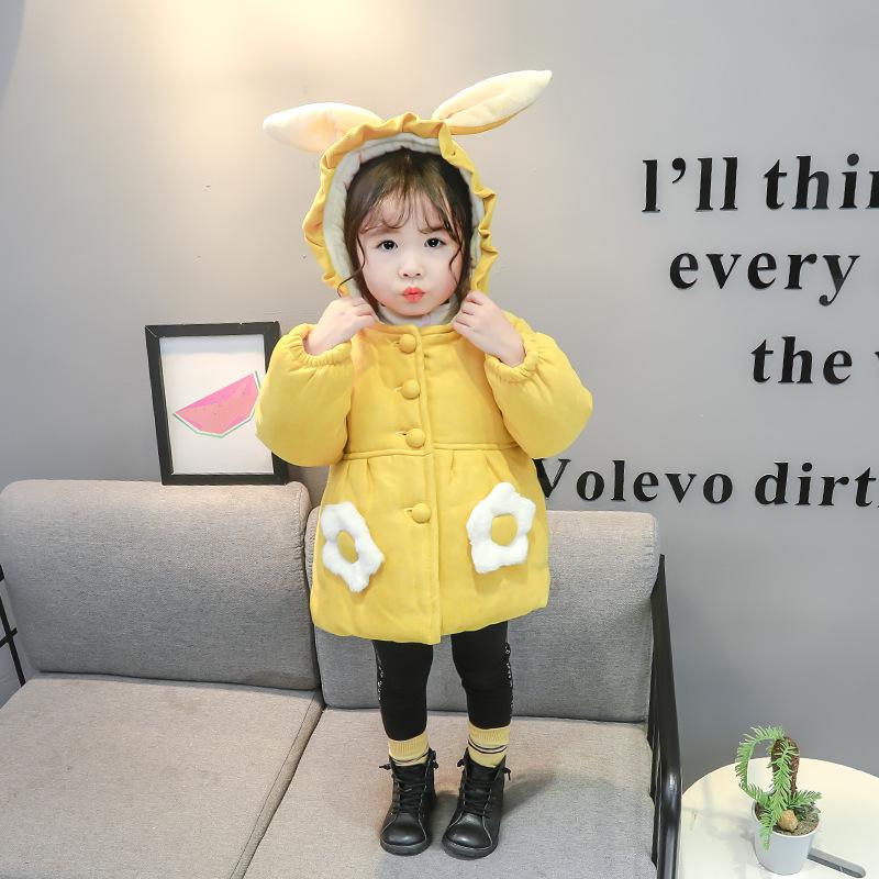 Bebê meninas jaquetas criança crianças casaco quente crianças inverno outerwear & casacos moda roupas de bebê veludo longo orelha com capuz parka 1y: Yellow / 3 T