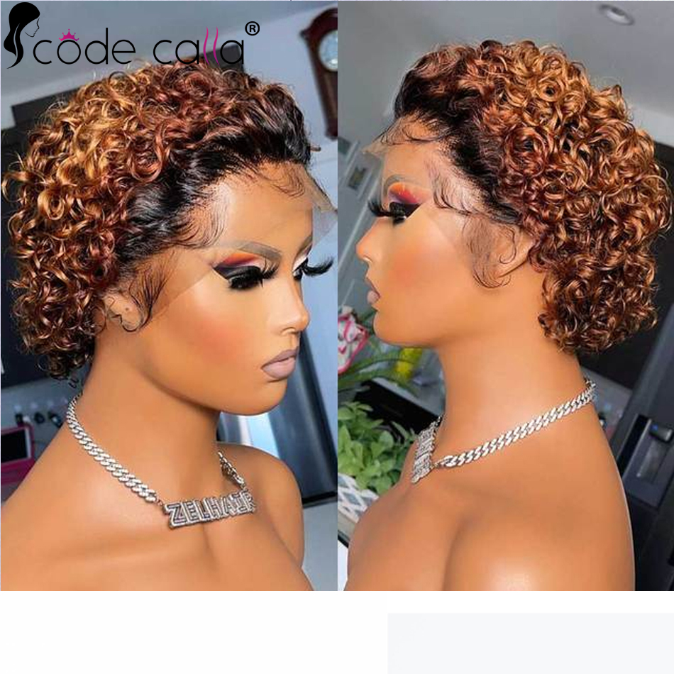 Peluca de cabello humano rizado para mujeres negras, Pelo Corto con corte Pixie, corte Bob, encaje frontal, 180 de densidad, 13x1, brasileño