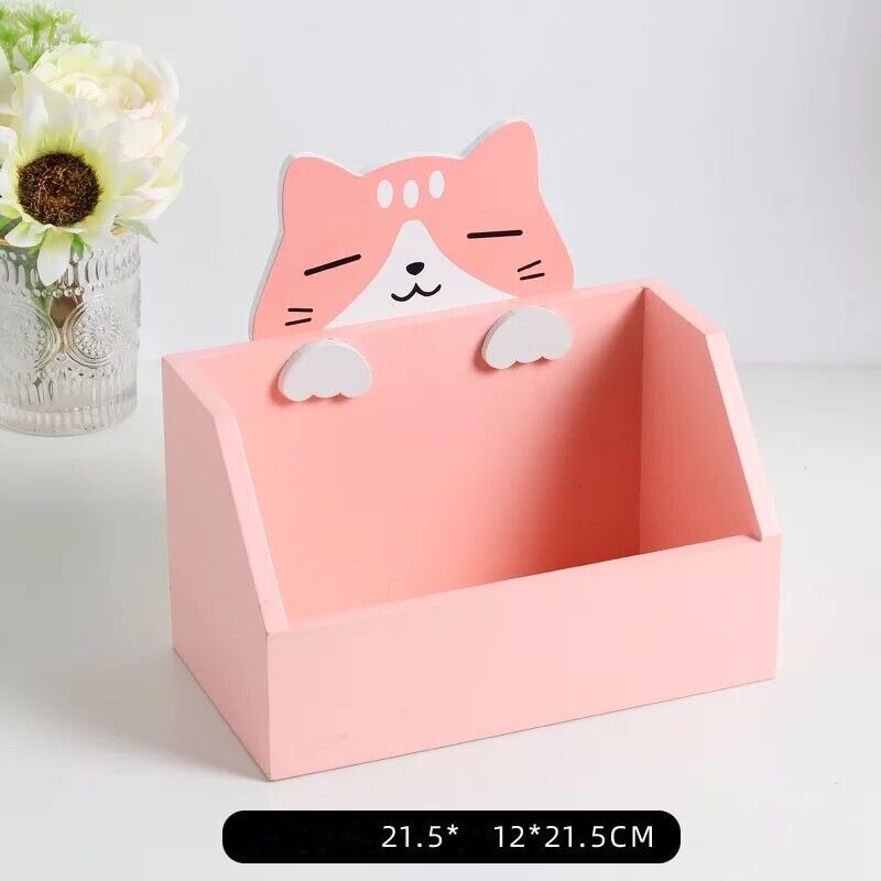 MINKYS Cute Cat Large Capacity Wood Desktop Organizer Pen Holder Desk Storage Box School Office Stationery: pink B