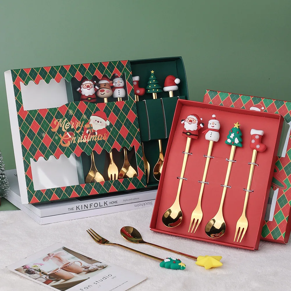 4 stks/set Kerstcadeau Goud Zilveren Lepel Vork Set Elanden Kerstboom Decoratie Dessert Scoop Fruit Vork Koffielepel Bestek
