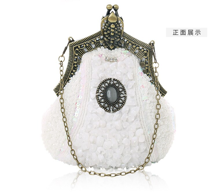 Borduren Kralen Vrouwen Avond Party Bags Handgemaakte Vintage Clutch Vrouwelijke Telefoon Portemonnee Banket Bruiloft Bruids Jurk Handtassen: WHITE