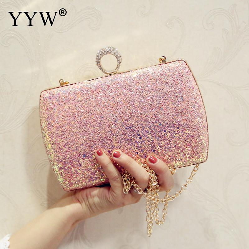 Vrouwen Wit Pailletten Keten Handtas Sparkling Party Vinger Ring Avond Envelop Clutch Bag Hard Wallet Tote Purse