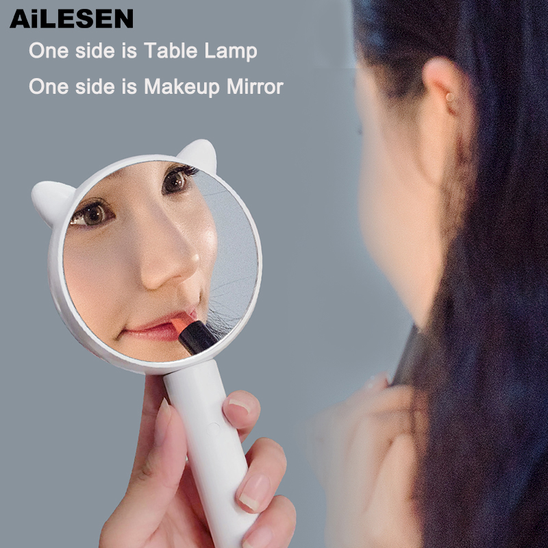 AiLESEN Cute Cat Ears Makeup Mirror And Table Desktop Lamp Third gear light adjustable Multi-function makeup mirror