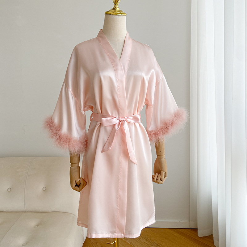 Robe de demoiselle d'honneur en Satin, Kimono, Lingerie intime, Sexy, manches plumes, peignoir, chemise de nuit, vêtements de nuit courts, taille unique: Black