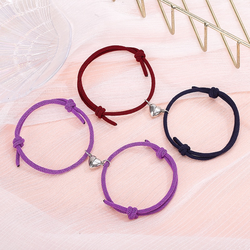 2Pcs/Set Minimalist Lovers Heart Matching Friendship Bracelet Rope Braided Couple Magnetic Distance Bracelet Kit Lover Jewelry