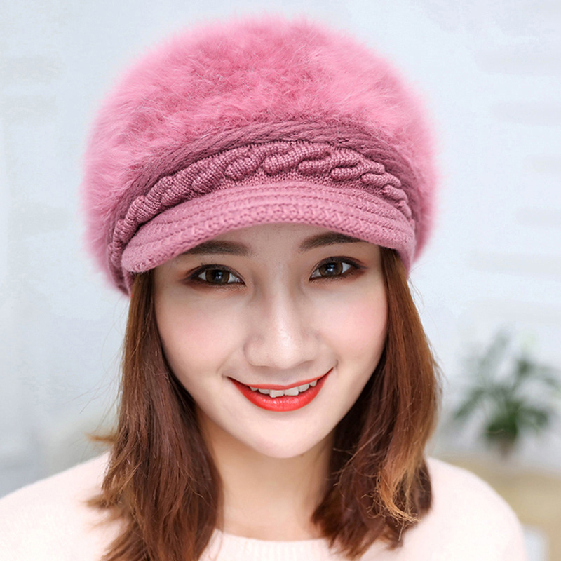Women Warm Fleece Inside Twist Crochet Knitted Visors Cap Autumn Winter Brim Wool Hat Solid Color Soft Beanie Female: Pink