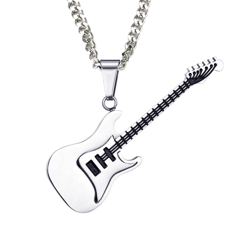 Rock Electric Guitar Pendant Necklaces Stainless Steel Hip Hop Jewelry Accessory For Women Men: Silver