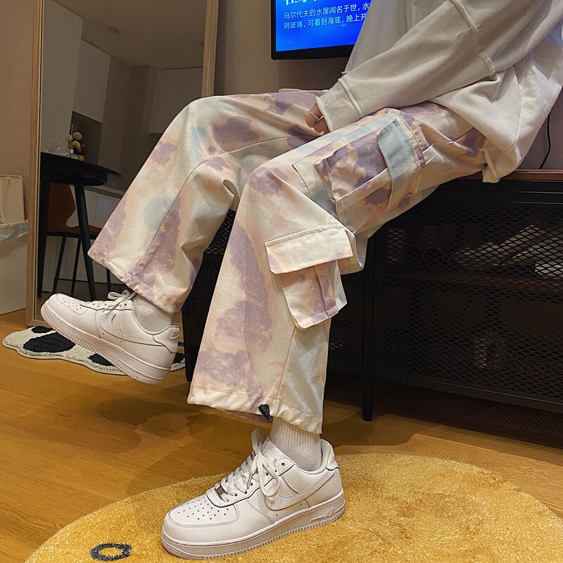 Pantalones Tie-dye con bolsillos para hombre, Pantalón Cargo, informal, holgado, coreano, Hip-hop, recto ancho, pantalón para hombre