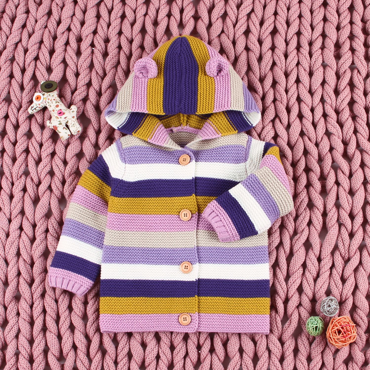 Neugeborenen Baby mädchen kleidung freundlicher Regenbogen Streifen jacken für jungen Strickjacke Herbst Mit Nette Ohr Hoodie Baby Mädchen Mantel: Rosa / 12M Höhe 66-73cm