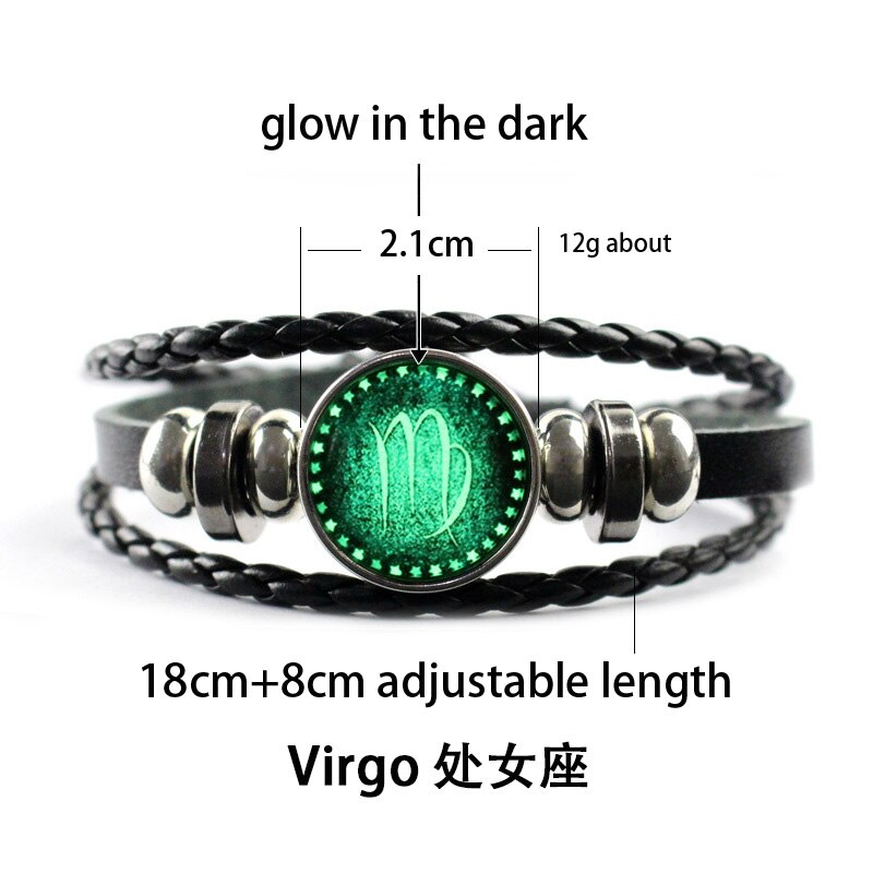 Luminous 12 Constellation Glow In The Dark Bracelet Men Leather Glowing Night Fluorescence Charm Bracelets for Halloween: Virgo