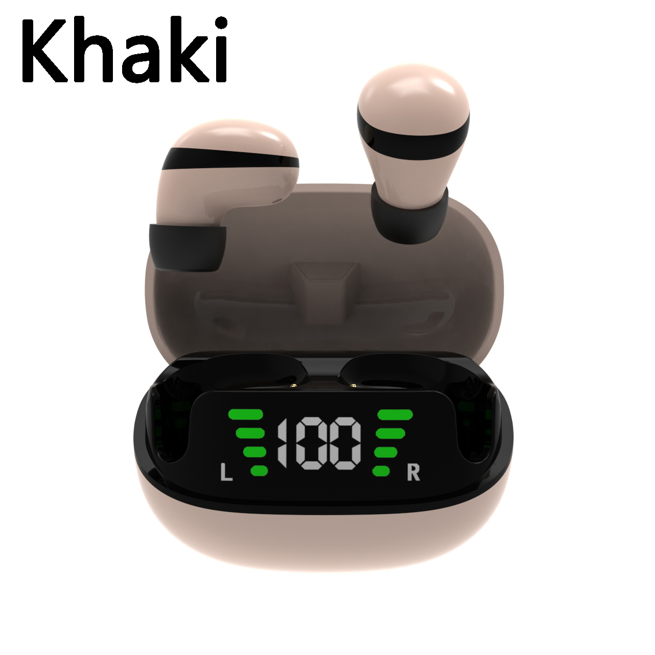 Mini sleep wireless headset 5.3 chip smart digital display with microphone HD call super subwoofer for Android IOS phones: khaki