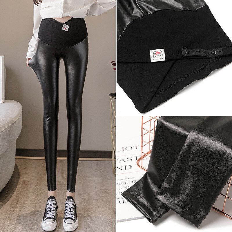 Pantalon de maternité en Faux cuir, slim décontracté, haute élasticité, femme enceinte, respirant, vêtements de grossesse, noir