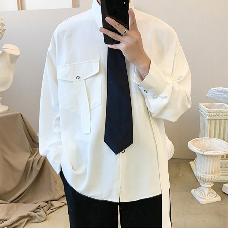 Chemise Cargo à manches longues pour homme, belle veste de Style coréen, uniforme individuel avec cravate, vêtements Hip Hop, printemps automne