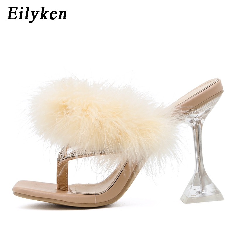 Eilyken-pantoufles d'été plume à talons hauts pour femmes, tongs à bout carré cristal clair, chaussures d'été, collection