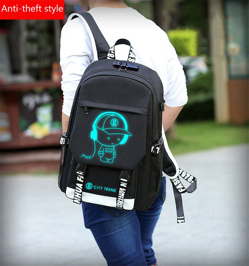 USB musique lumineux cartable unisexe pour adolescents sac à dos à sac d'école étudiant livre sac pour garçons filles