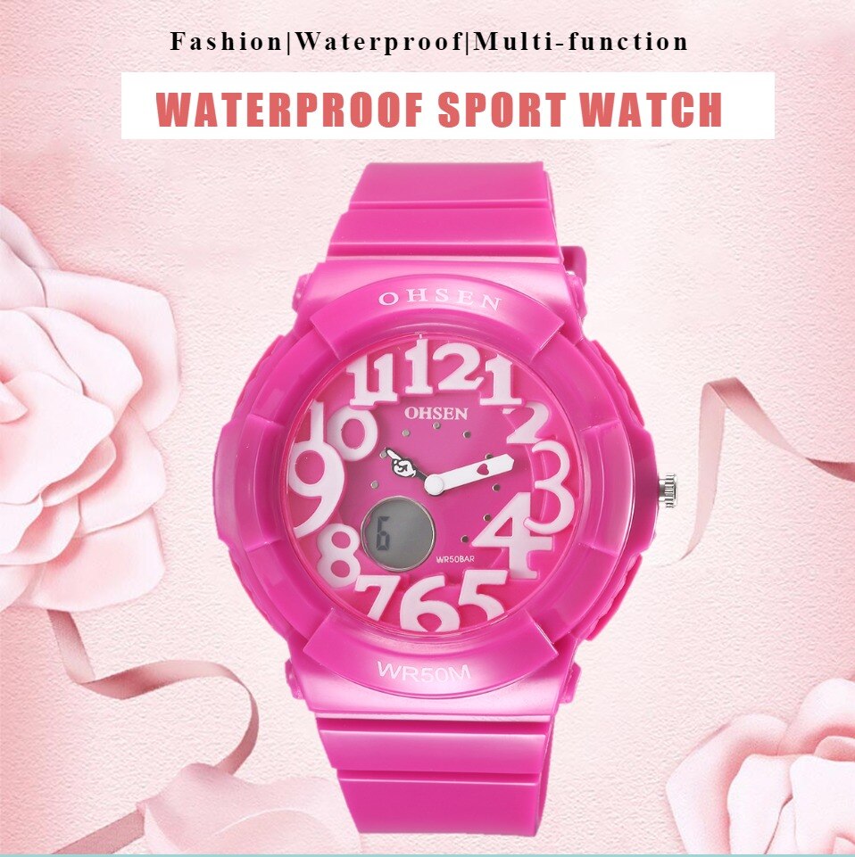 Ohsen digitaal quartz kinderhorloge voor meisjes, waterdicht, outdoor sporthorloge voor jongens, zwart siliconen dameshorloge