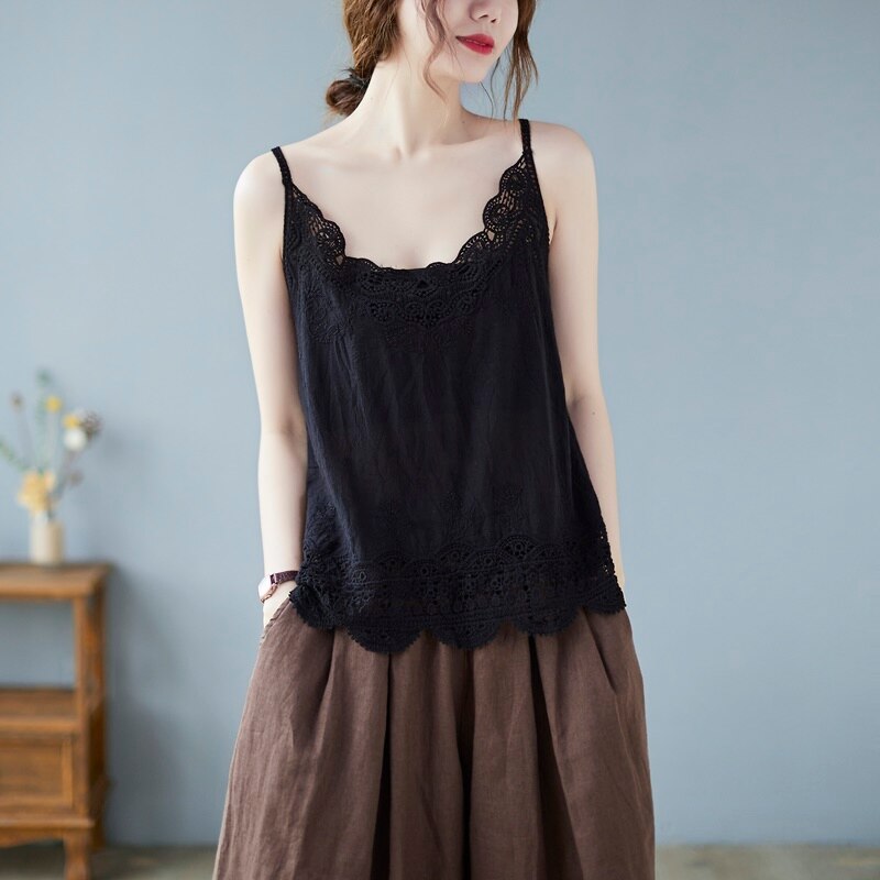 Summer Spaghetti Strap Tops Women Sleeveless V-Neck Floral Embroidery Casual Cotton Linen Tank Top Chinese Shirt Femme KK4455: 4