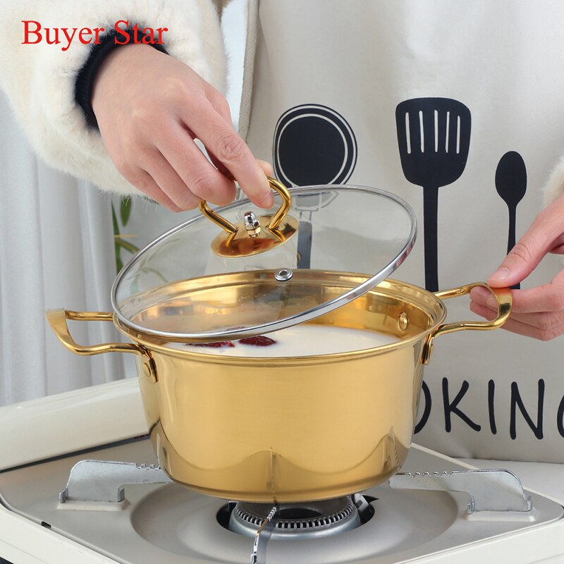 Marmite à soupe dorée de 18cm en acier inoxydable, avec couvercle, Pot en métal, outils de cuisine, ustensiles de cuisine ménagers pour cuisinière à Induction