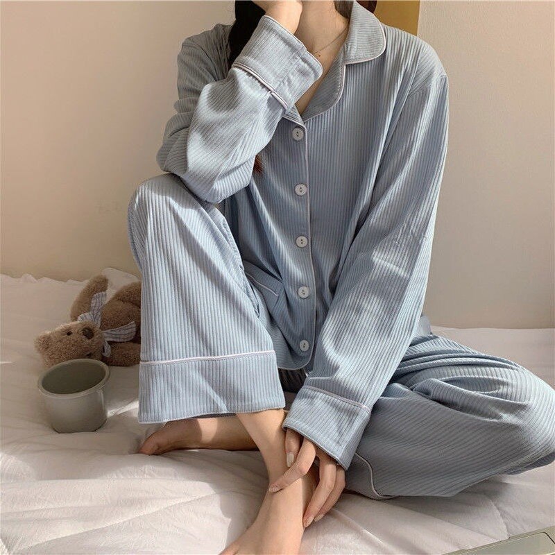 Conjunto de pijama de estilo japonés para mujer, ropa de dormir Popular, de lazo, Chic, Ulzzang, cuello vuelto, suelto y cómodo, otoño