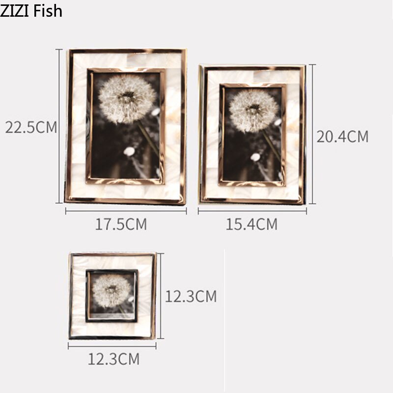 Gouden Legering Fotolijst Natuurlijke Shell Materiaal Omlijst Familie Portret Nachtkastje Bureau Decoratie 4/6/7 Inch Fotolijsten