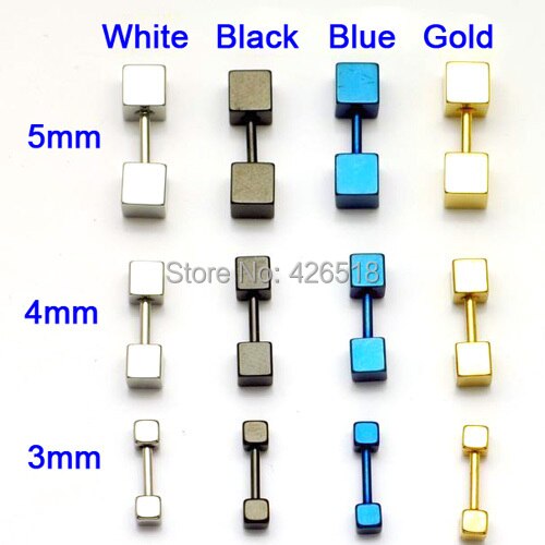 3 4 5mm width Cube Square titanium steel Punk Men Screw Back (pierced) stud earrings 4 colors