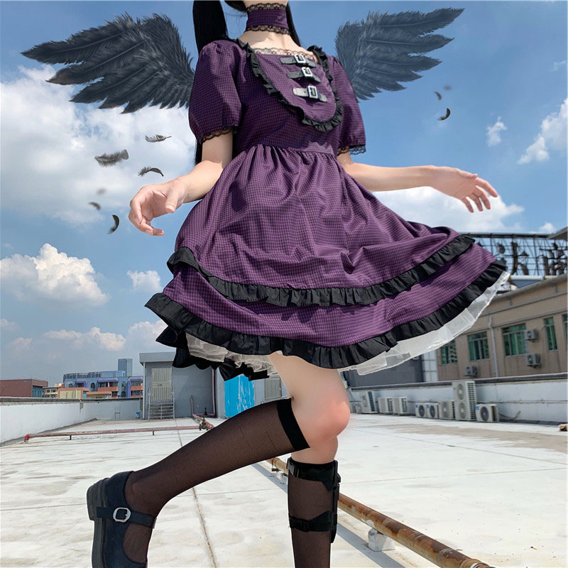 Harajuku Gothic Lolita Dress Japanese Summer Girls Purple Plaid Kawaii Mini Dress Women Sweet Lace Ruffles Punk Dresses