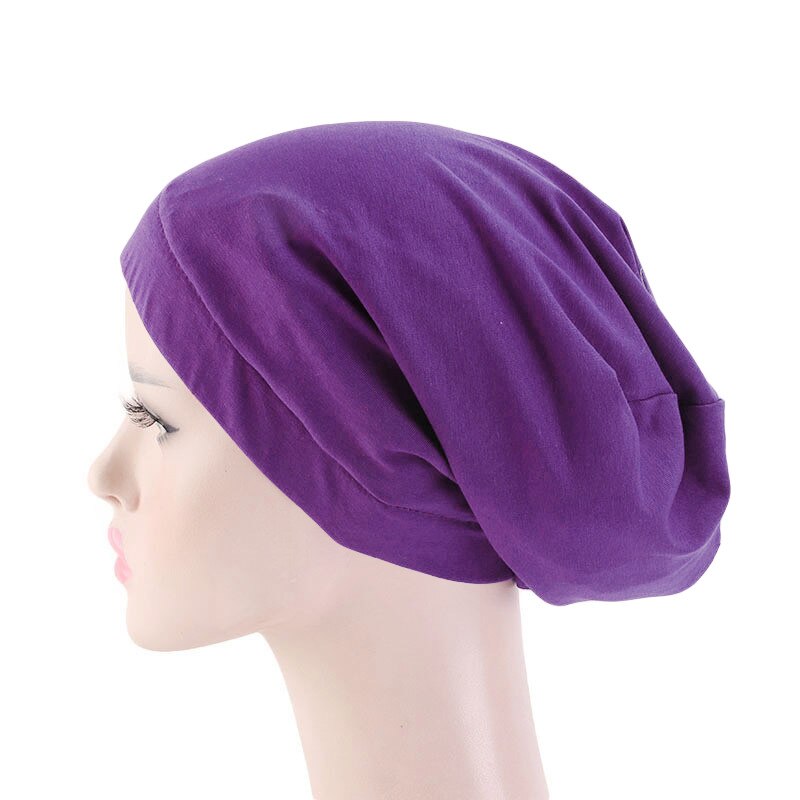 Bonnet en Satin élastique pour femmes musulmanes, Bonnet de perte de cheveux, Skullies, enveloppant la tête, chimio, Cancer, indien, Turban uni, à la: 11 Dark Purple