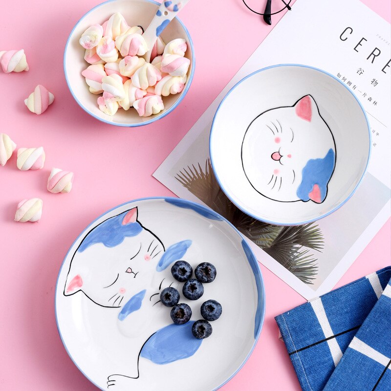 Cute Cat Ceramic Dinner Plate Dish Bowl Spoon Set Cartoon Porcelain Food Container Kids breakfast Dinnerware Set