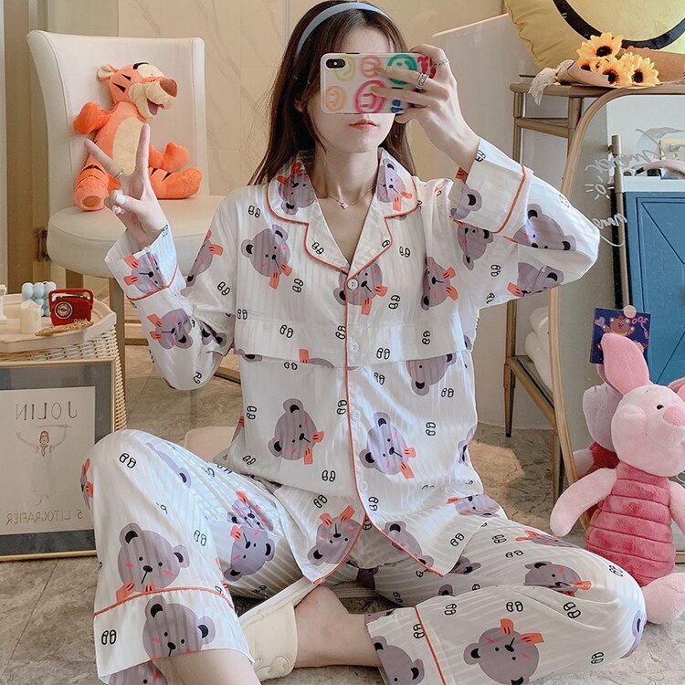 Sommer efterår trykt silke føler barsel pleje pyjamas sæt fodring pyjamas tøj til gravide graviditet lounge: Xl