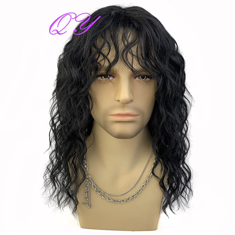 Synthetic Men Wig Natural Curly Dark Brown Color Male Wig With Bangs Water Wave Daily or Cosplay Adjustable Man Hair Wig
