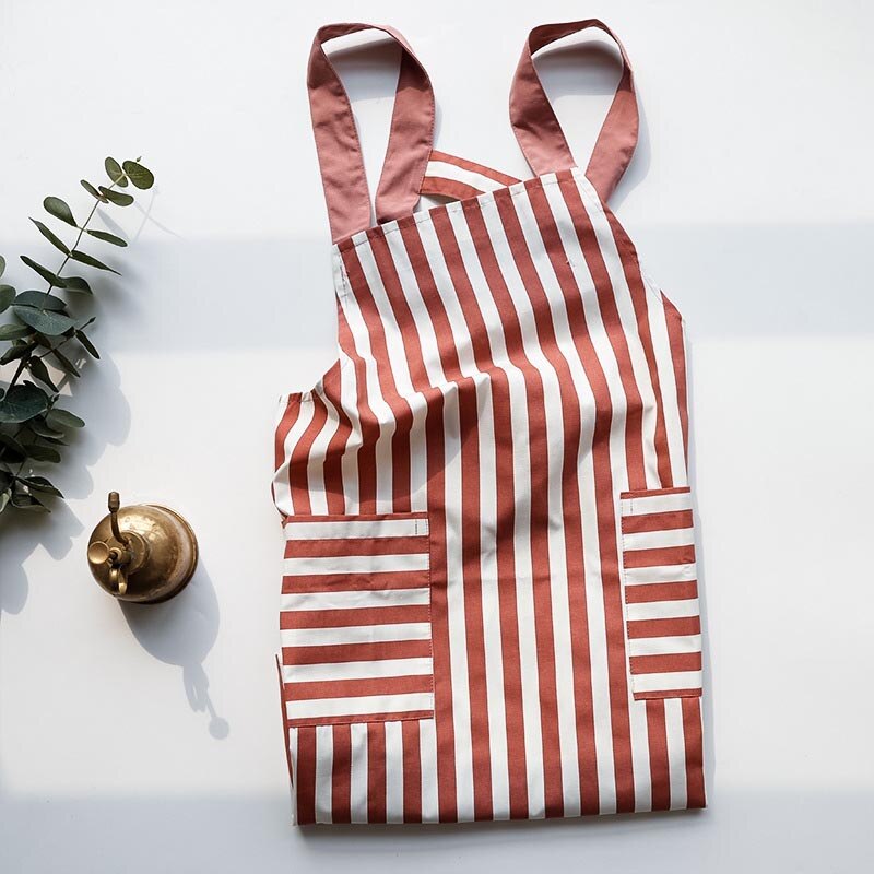 Women Girls Cotton Work Cloth Adult Kitchen Cooking Cleaning Apron 2 Pockets Cute Striped Wave Point Uniforms Delantal Tablier: Striped red