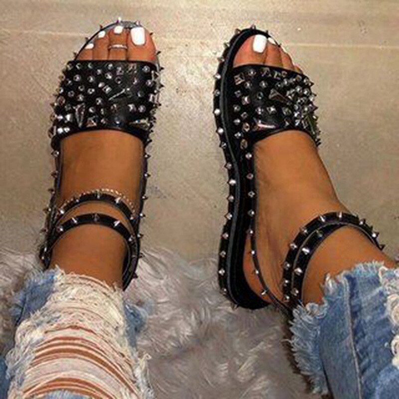 Sandalias con remaches para Mujer, Sandalias De tacón plano con correa para el tobillo, con cordones, sólidas, estilo Punk, De verano , Zapatos De Mujer: 5