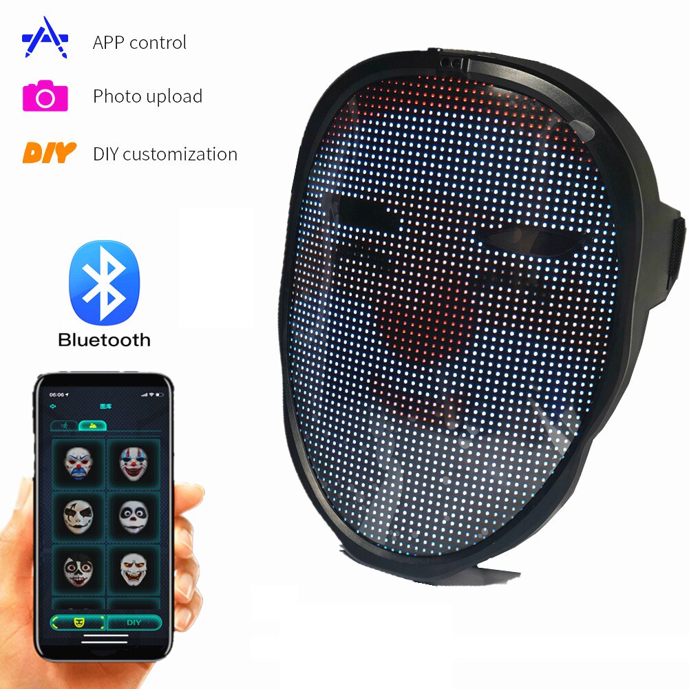 Full color Bluetooth Party LED Lights Up Disco Wine Bar Dynamic Flashing LED Mask, Raves APP Diy Picture Text Photo Upload