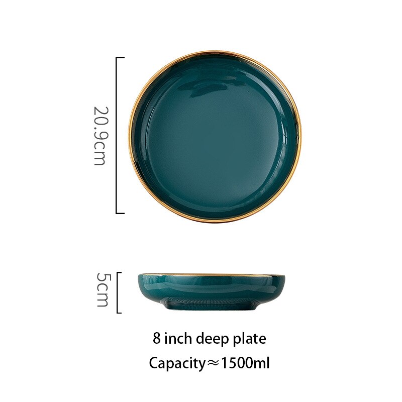 1pcs Green Porcelain Plate ceramic Dinner Plate Tableware Dinner Set Phnom Penh Exquisite Dinnerware Big Soup Ladle Leak Spoon: 8 Inch deep plate