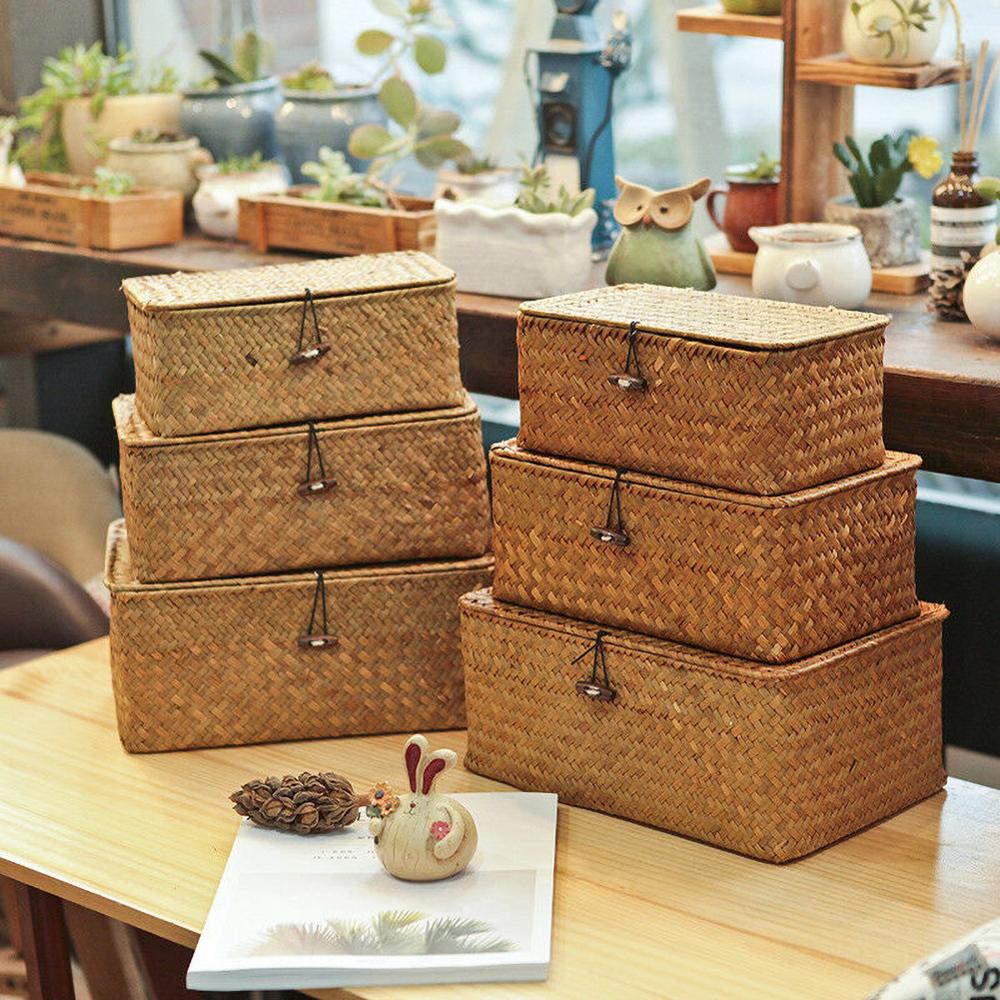 Storage Basket Rattan Storage Box With Lid Hand-woven Jewelry Box Wicker Makeup Organizer Food Container Storage Boxes