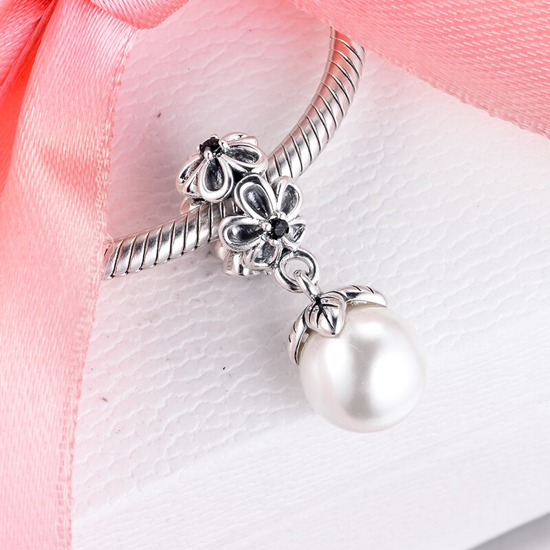 Beads fits for Necklaces Bracelets 100% 925 Sterling-Silver-Jewelry White Pearl Hanging Dangle Charms