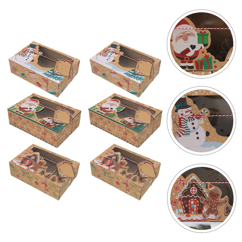 Scatole di carta Kraft da 6 pezzi scatole di immagazzinaggio di caramelle di natale scatole di biscotti per finestre in PVC