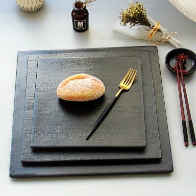 Vajilla de cerámica, platos cuadrados rectangulares, plato de Sushi, pastel, carne, barbacoa, negro especial occidental, olla japonesa, plato plano 1229: Squ 10 inches