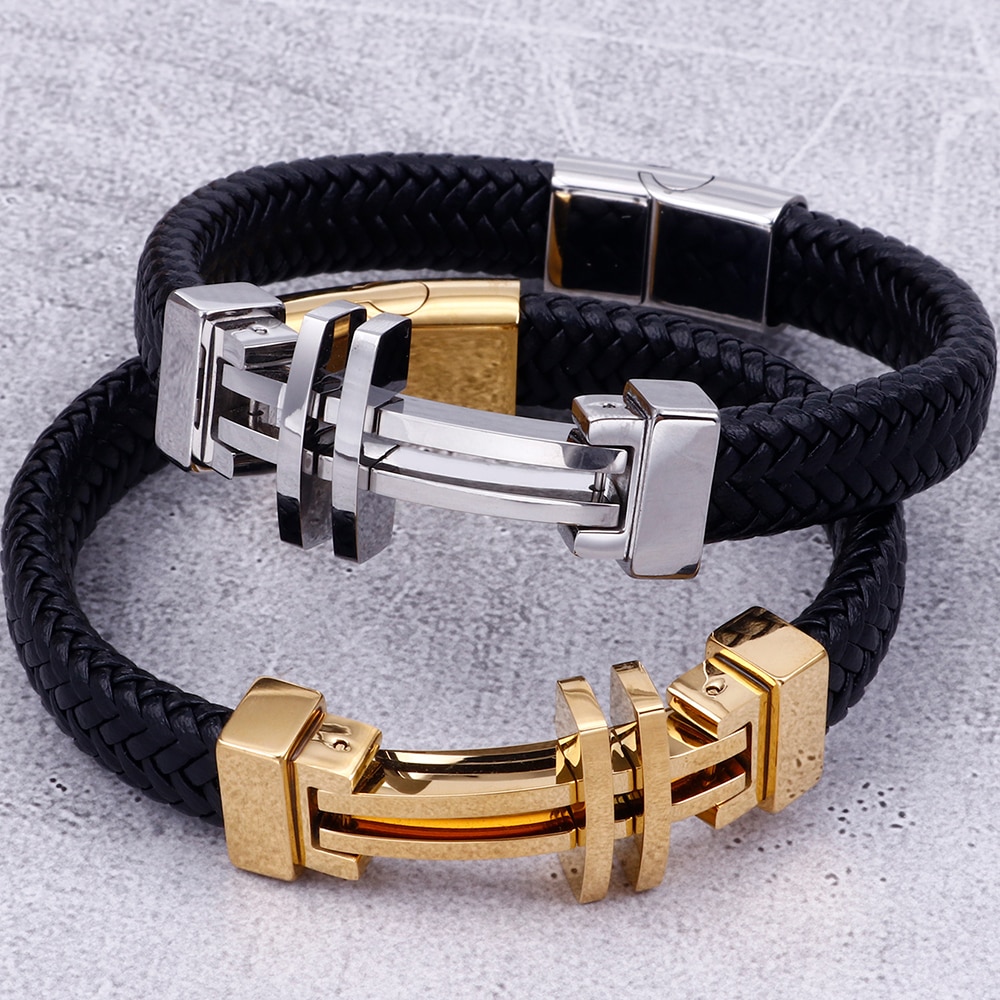 Handgemaakte Lederen Armband Voor Mannen Golden Rvs Heren Cross Armbanden Met Magnetische Sluiting Logo Graveren