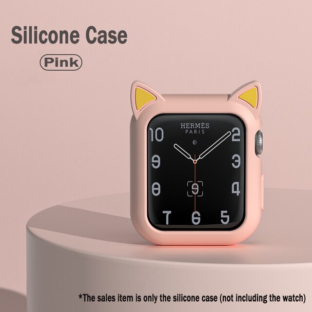 Watch Protection Cover For iWatch Series 3 2 42mm 38mm Soft Silicone Cartoon Cat Ears Case For Apple Watch 4 5 6 Se 40mm 44mm: Pink / For iwatch 42mm 44mm