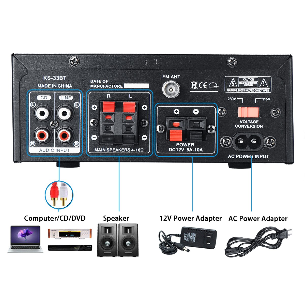 110V-220V 1000W Digital Display Hifi Power Amplifier Audio Bluetooth Amplifier 2 Channel FM USB SD Remote Control Mic Support